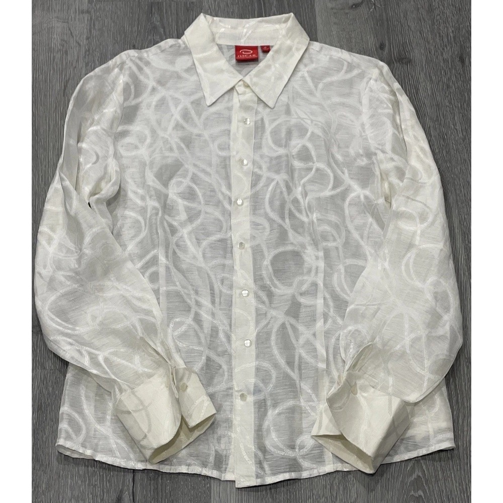 An Oscar De La Renta Company Blouse White Long Sleeves Silk Pearl‎ Buttons Sz 14